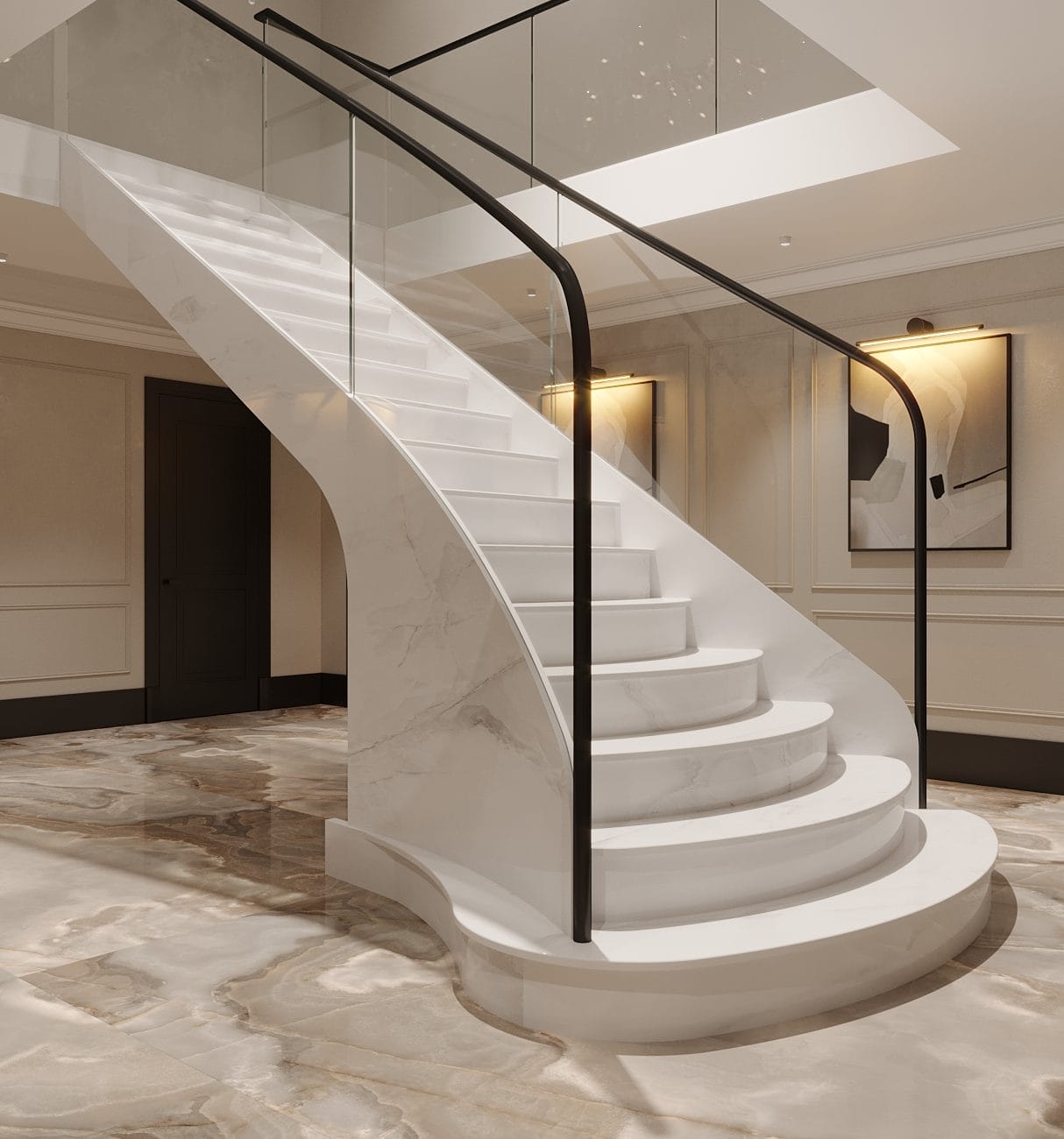 Discover luxury with traditional marble stairs and semi-framed glass balustrades by V.P Stairs Ltd, blending timeless elegance with durable, functional design.