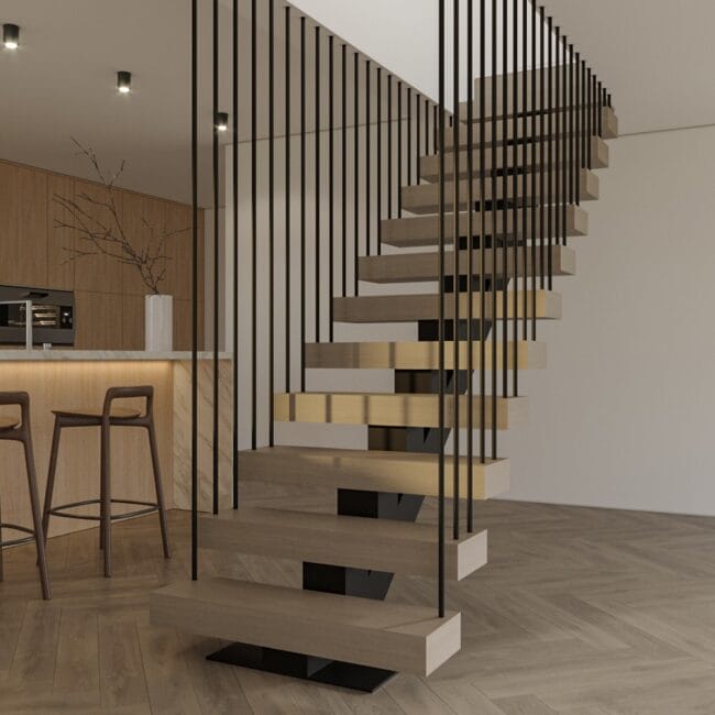 Tooting's spine staircase marries pine wood with sleek metal, embodying modern minimalism and sophisticated design.