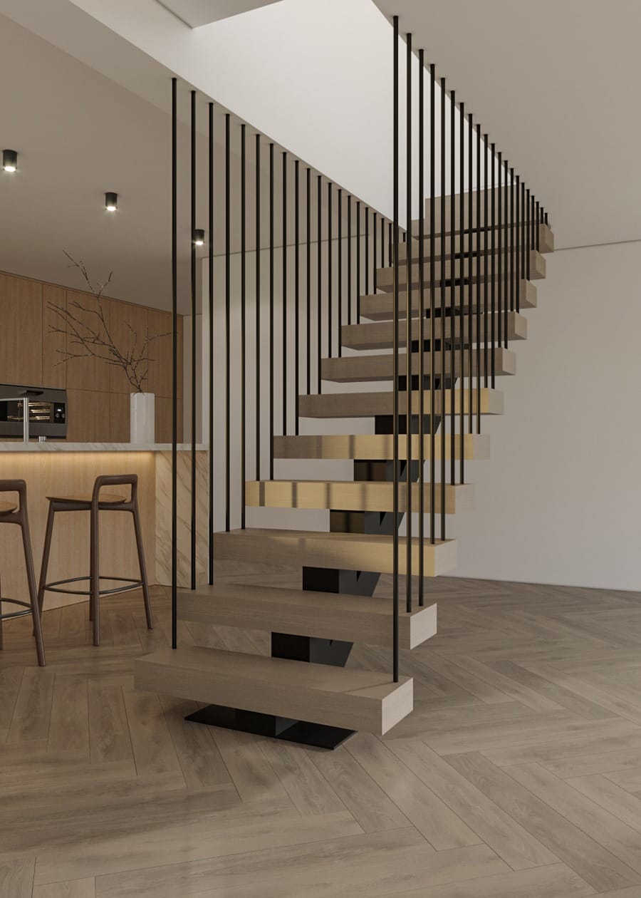 Tooting's spine staircase marries pine wood with sleek metal, embodying modern minimalism and sophisticated design.