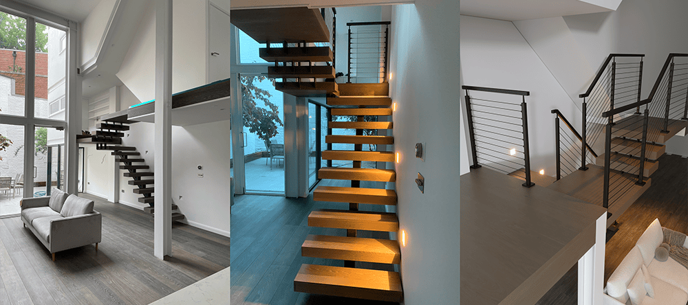 Straight single-step staircase with wood and metal elements, perfect for small spaces and minimalist interiors.