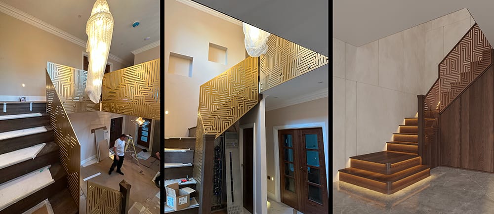 Bespoke staircase with walnut steps, patterned brass balustrades, and a luxurious finish.