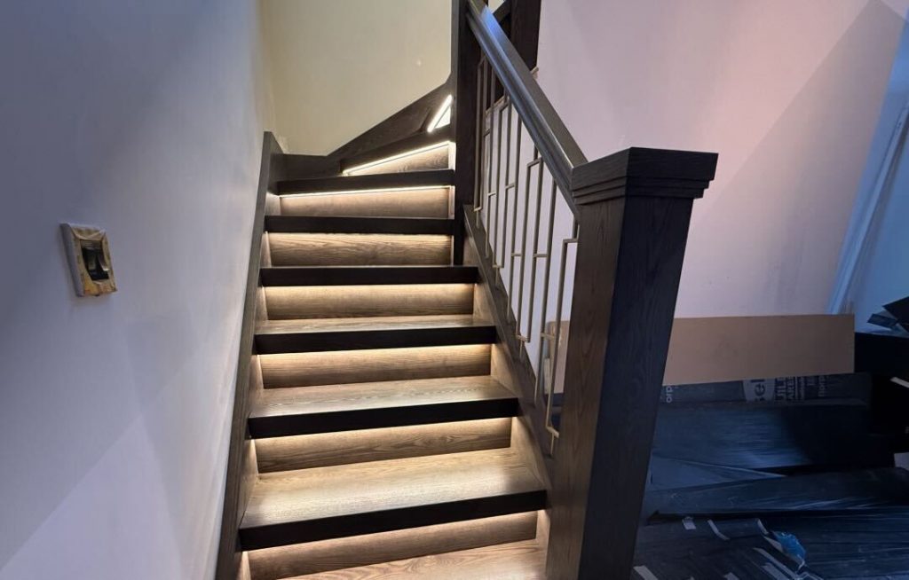 Small dog using pet-friendly staircase with LED lighting