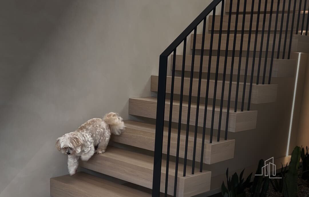 Straight staircase with anti-slip mats for safe pet access