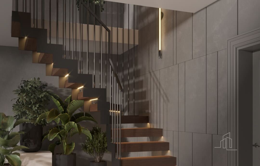 Modern interior staircase with stainless steel cable balustrades