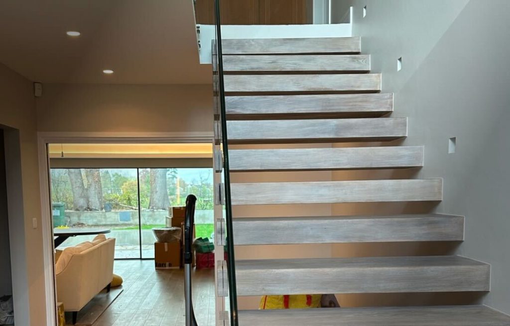 Pine cladding steps with minimalist floating design