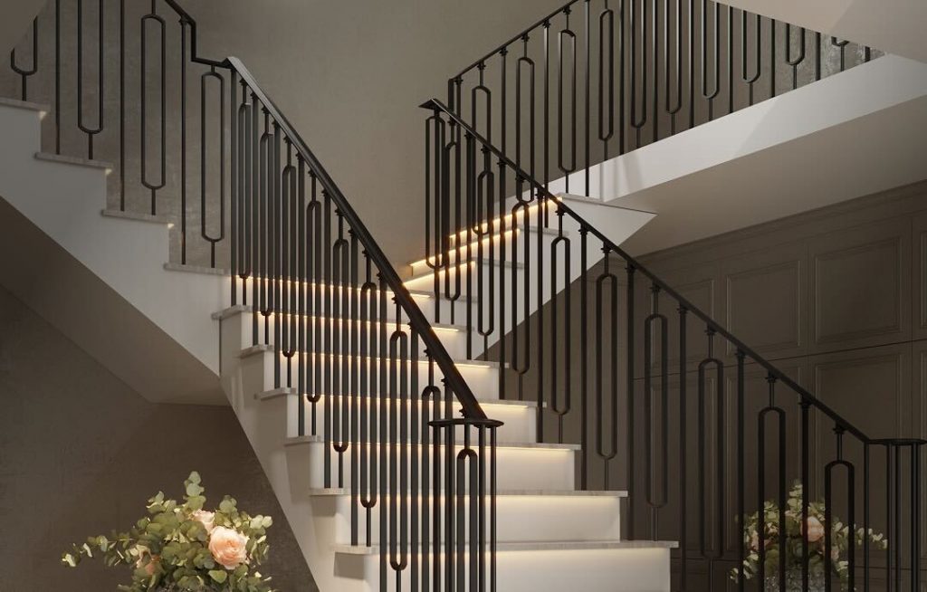 St Patrick’s Day metal spine staircase with green lights and clovers
