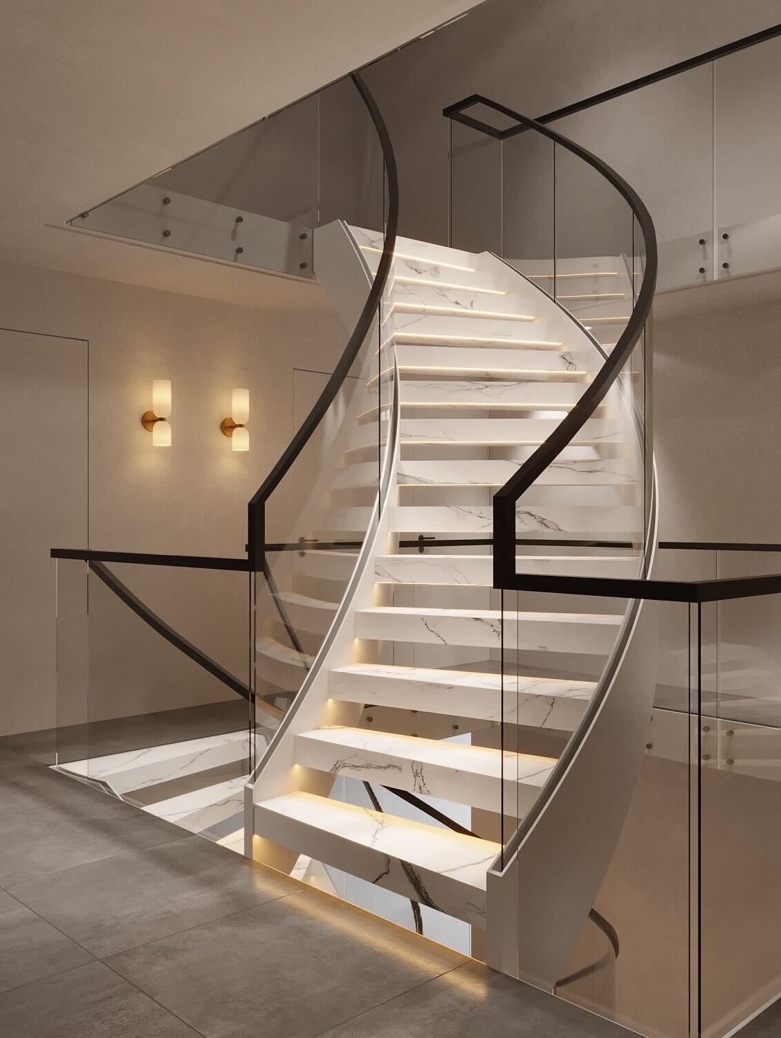 Perfect staircase with glazing balustrades and LED lightening