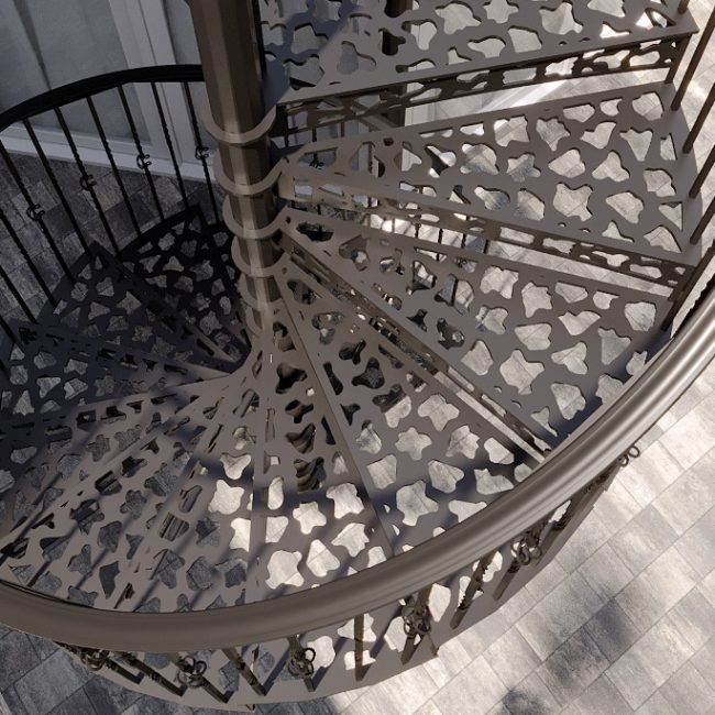 Outdoor helical metal staircase in garden Ealing UK