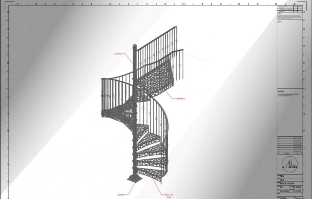 Drawing of a twisted metal frame staircase