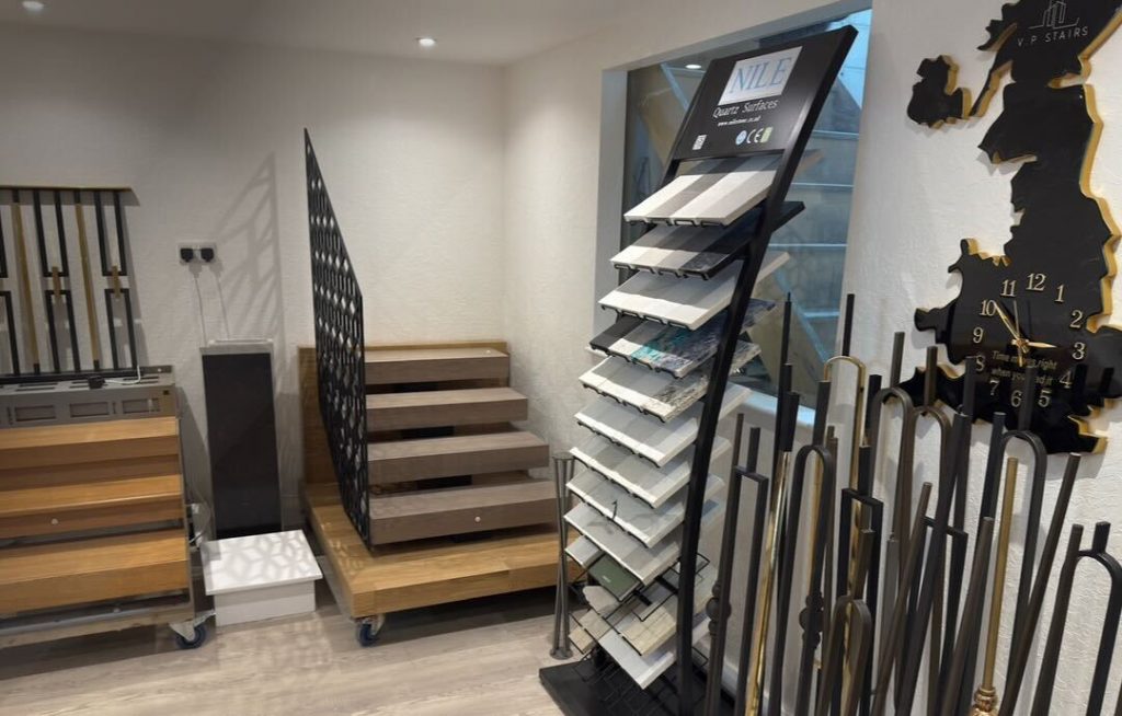 The V.PSTAIRS showroom, showcasing a range of materials and designs for premium staircases in the UK