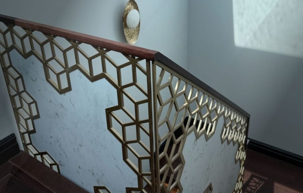 A metal balustrade incorporating natural stone