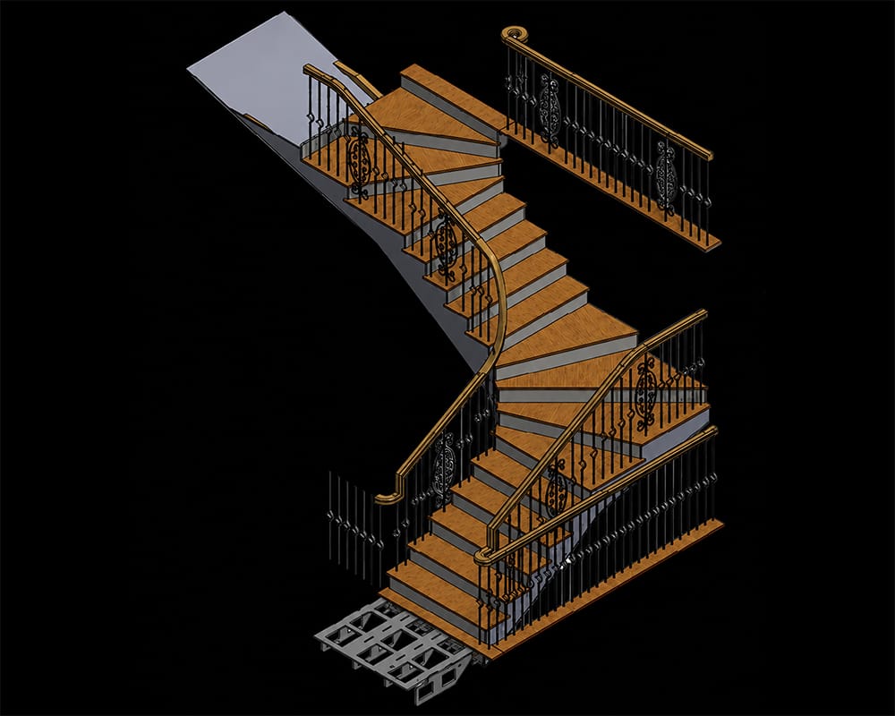 Luxury helical and zig-zag staircase project by V.PSTAIRS with oak steps and bespoke wrought iron balustrades in London