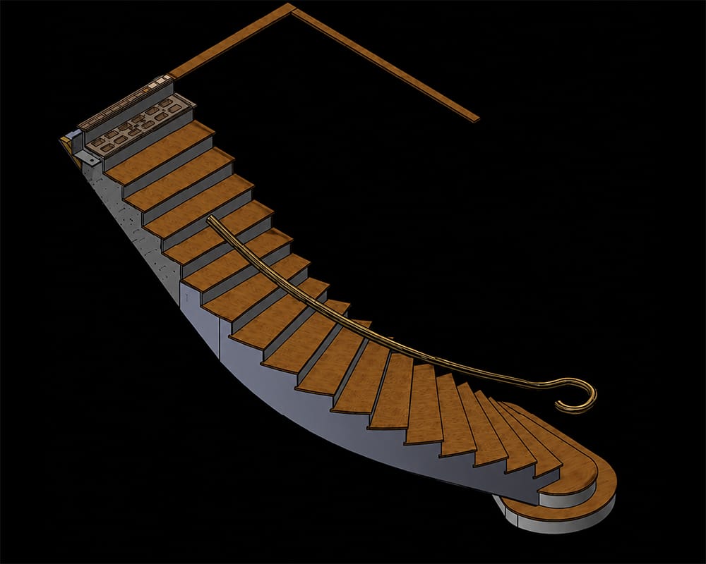 Wexley bespoke staircase project with curved helical staircase, zig-zag upper flights, oak handrail and black wrought iron balustrades