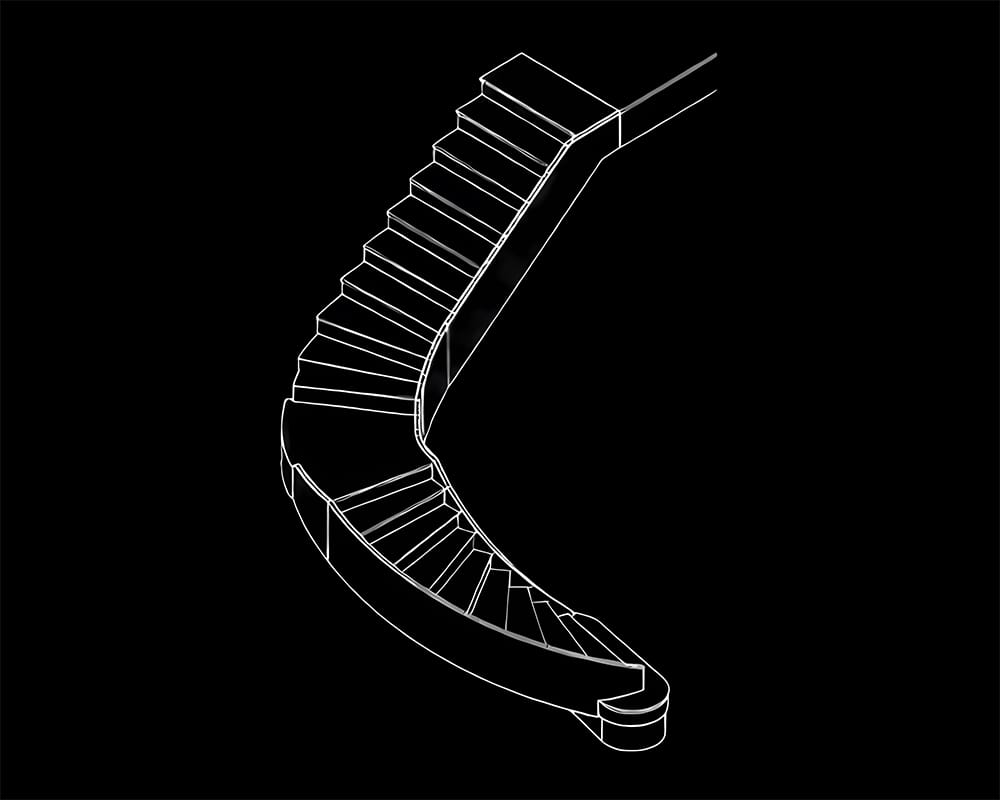 luxury staircase with curved metal frame and bespoke detailing